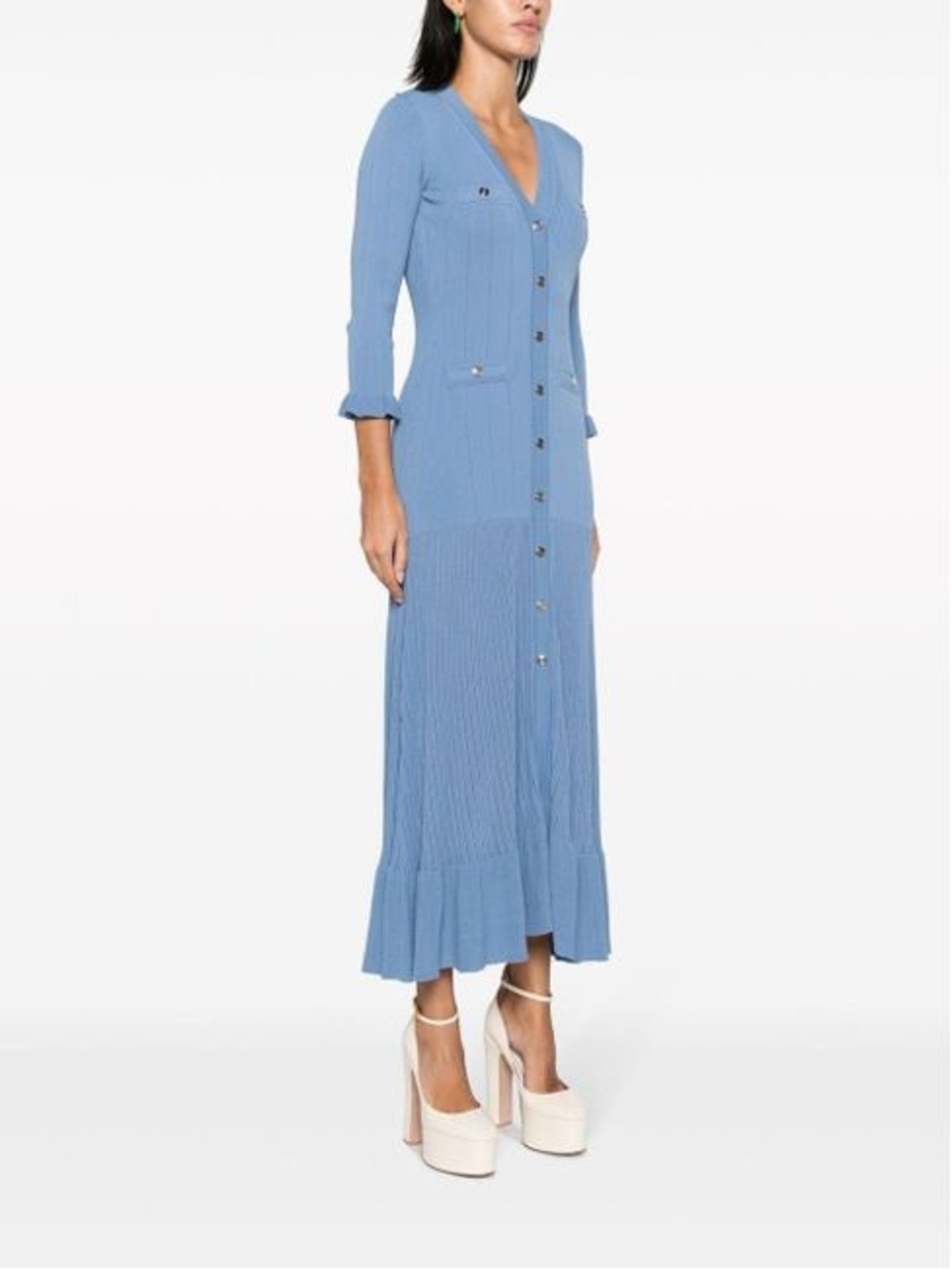 Sandro Blue Ribbed Midi Dress with Gold Buttons